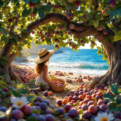 The primary subject of the image is a woman sitting on the beach, surrounded by a large number of apples. The setting is a beach with a tree nearby, providing a natural backdrop. The visual style is a photo, capturing the woman and the apples in a realistic manner. The colors and mood of the image are vibrant and lively, with the apples and the woman's outfit adding a sense of freshness and joy to the scene.